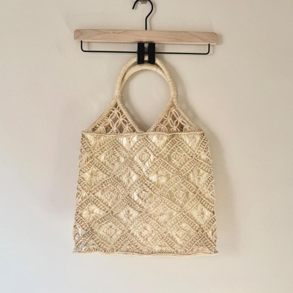 Vintage‎ macramé handbag tan cream beach resort crochet lace vacation
